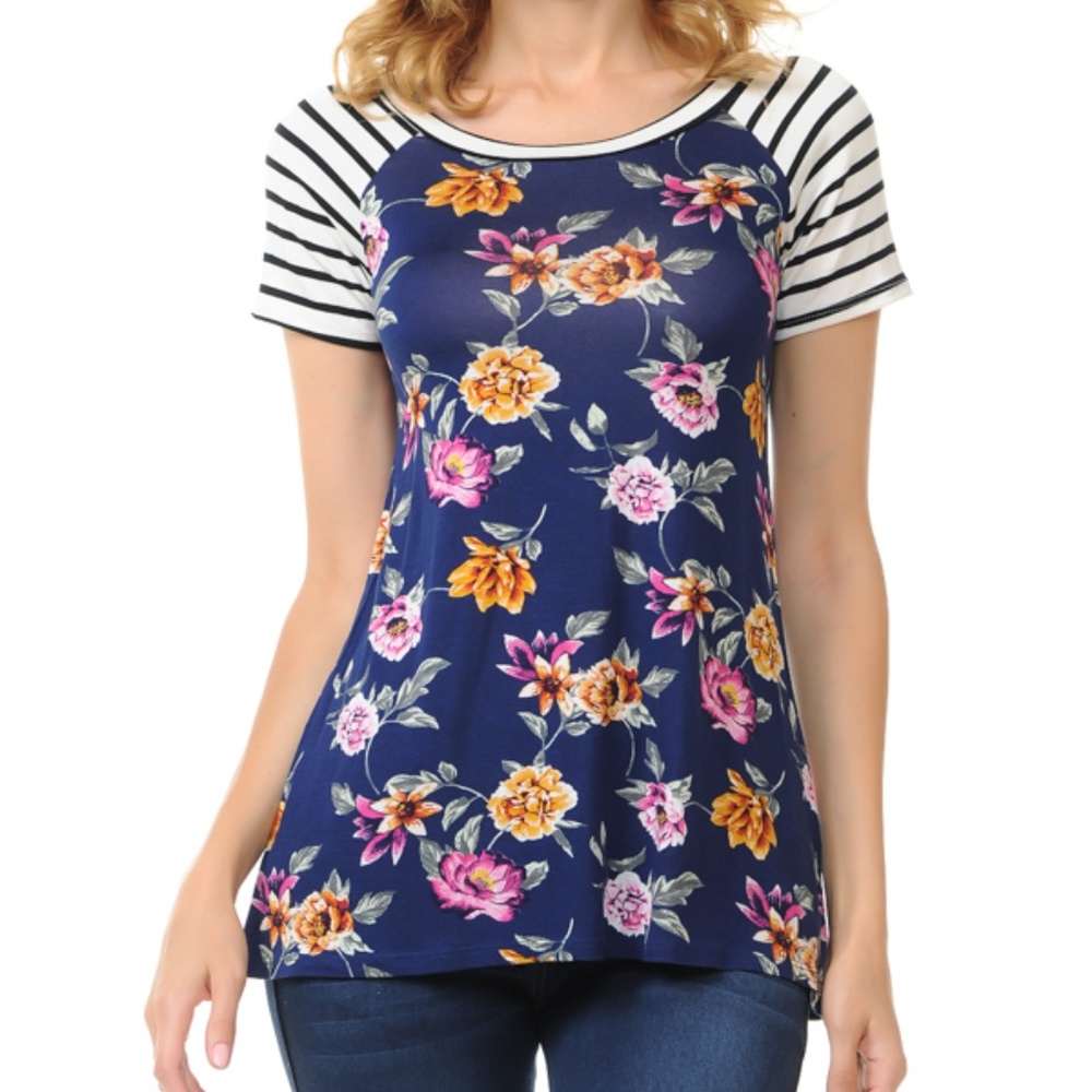 Floral Top with Stripe Sleeve